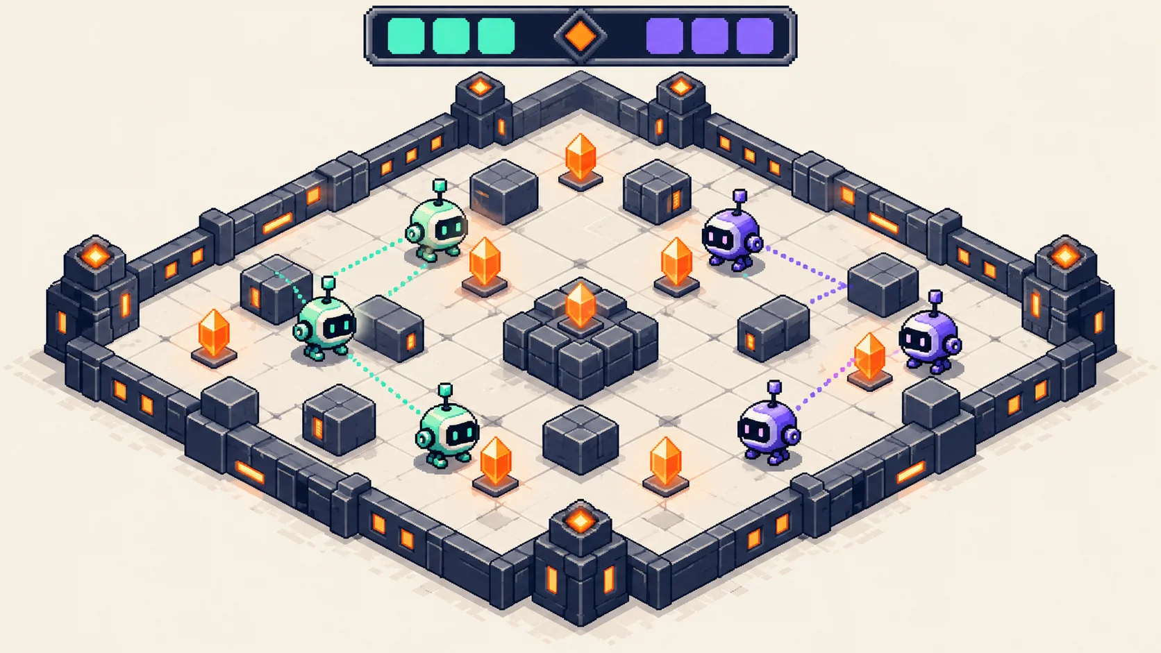 Concept artwork of teams of pixel robots coordinating in an arena